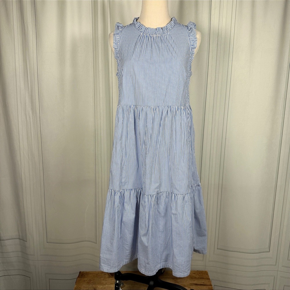 J.Crew Factory Re-Imagined Striped Tiered Midi Dress Pockets Blue White 6P - Picture 1 of 16